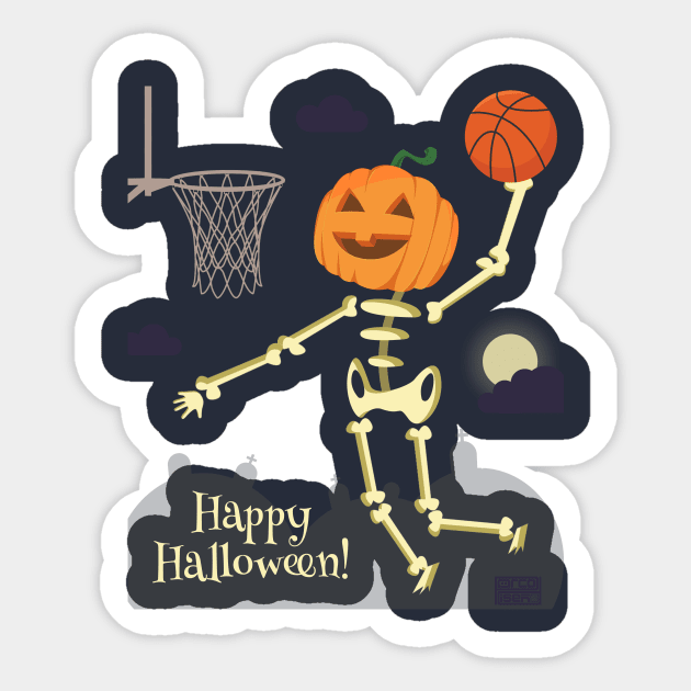 Pumpkin Head Skeleton Slam Dunk Basketball Halloween Sticker by porcodiseno